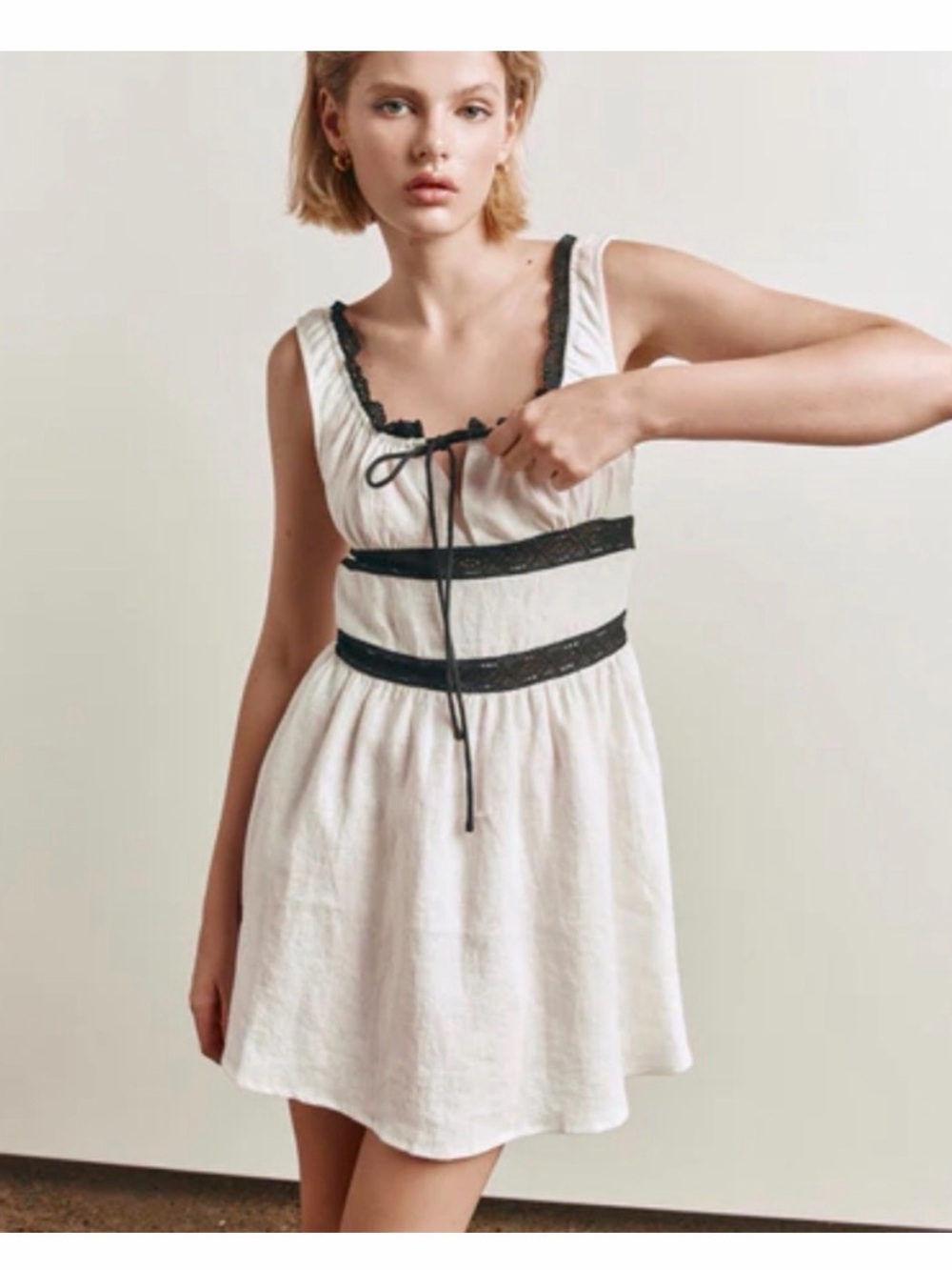 White Mini Dress with Black Lace Trim